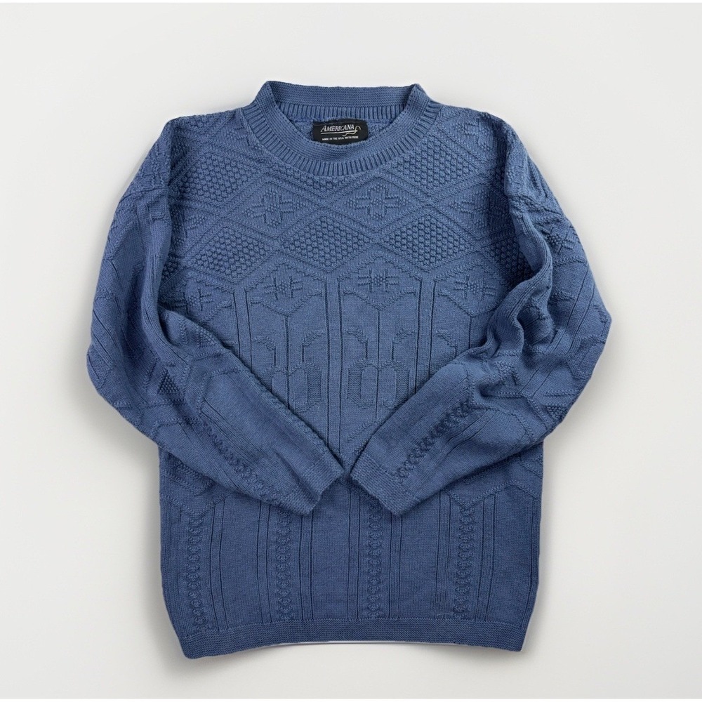 Mens L Americana Sweater Blue Textured Knit Geometric Made in USA Vintage 90s